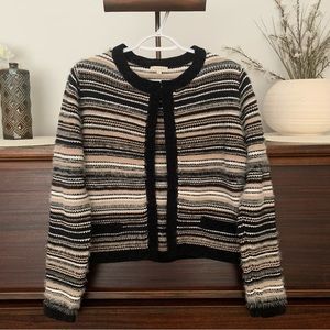 Laura Contrast Trim Textured Striped Cardigan Sweater, Size Small